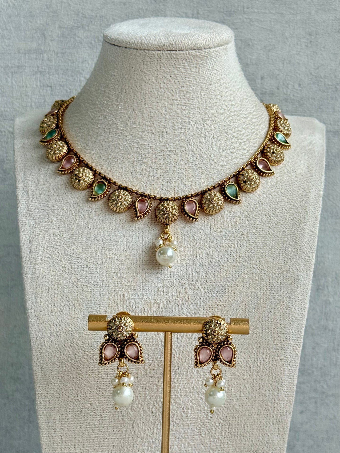 Ayura Designs Mayura Necklace Set with Earrings – Antique Gold Meenakari Motifs with Pearl Drop & Blush Pink and Mint Green Stones