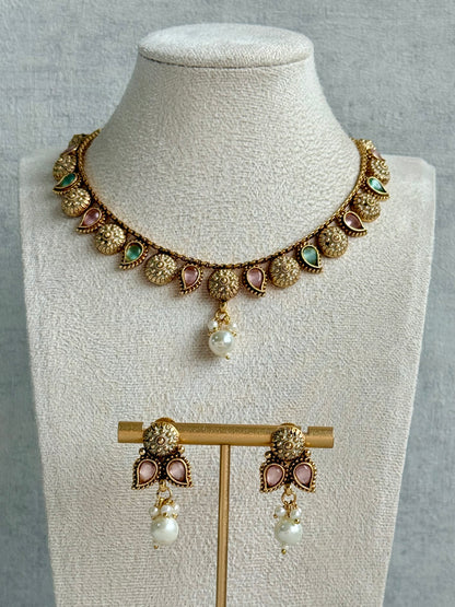 Ayura Designs Mayura Necklace Set with Earrings – Antique Gold Meenakari Motifs with Pearl Drop & Blush Pink and Mint Green Stones