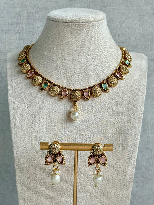 Ayura Designs Mayura Necklace Set with Earrings – Antique Gold Meenakari Motifs with Pearl Drop & Blush Pink and Mint Green Stones