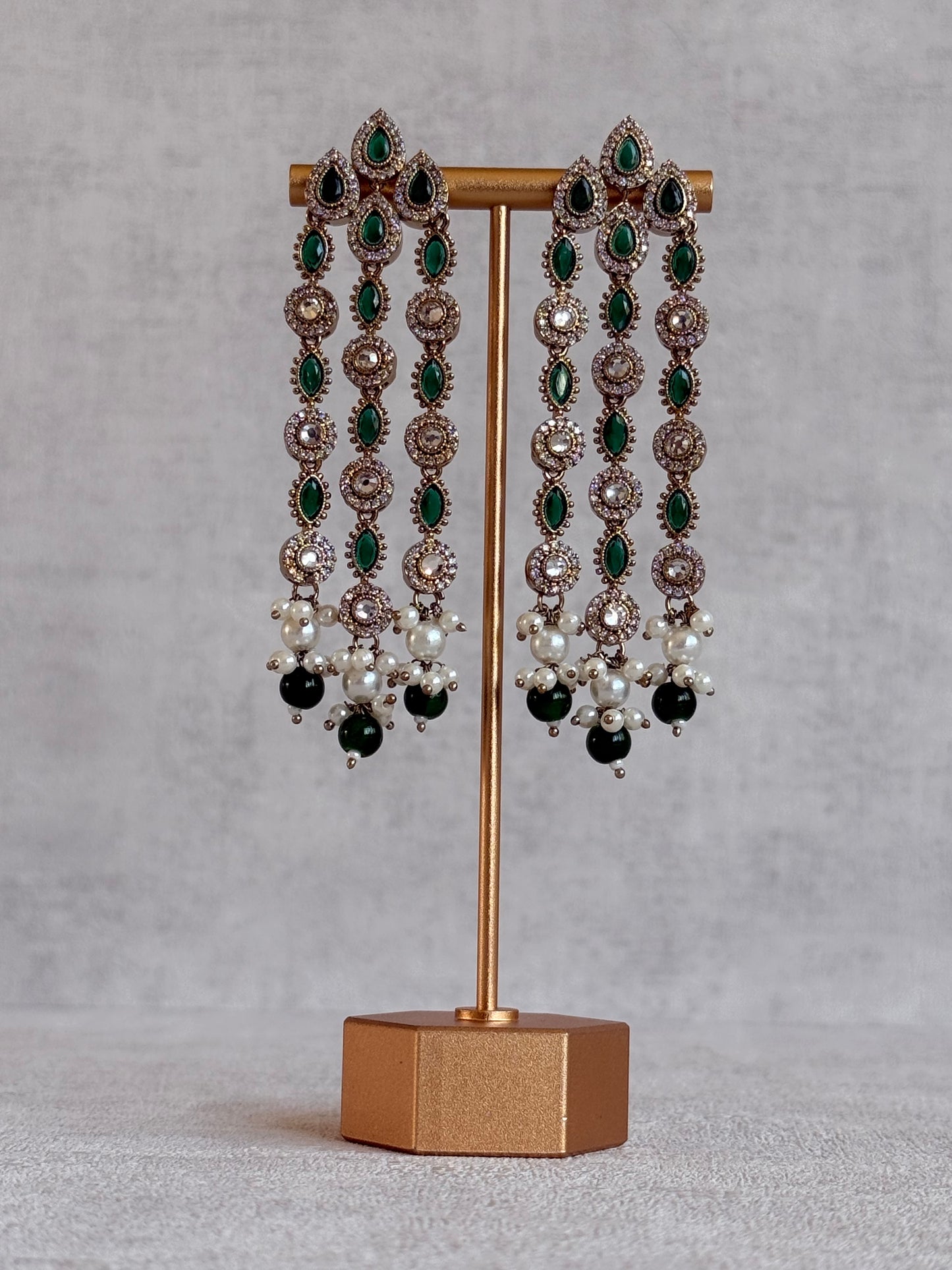 Ayura Designs Emilia Earrings – Gold Triple Strand Statement Earrings with Emerald Green Stones & Pearl Drops