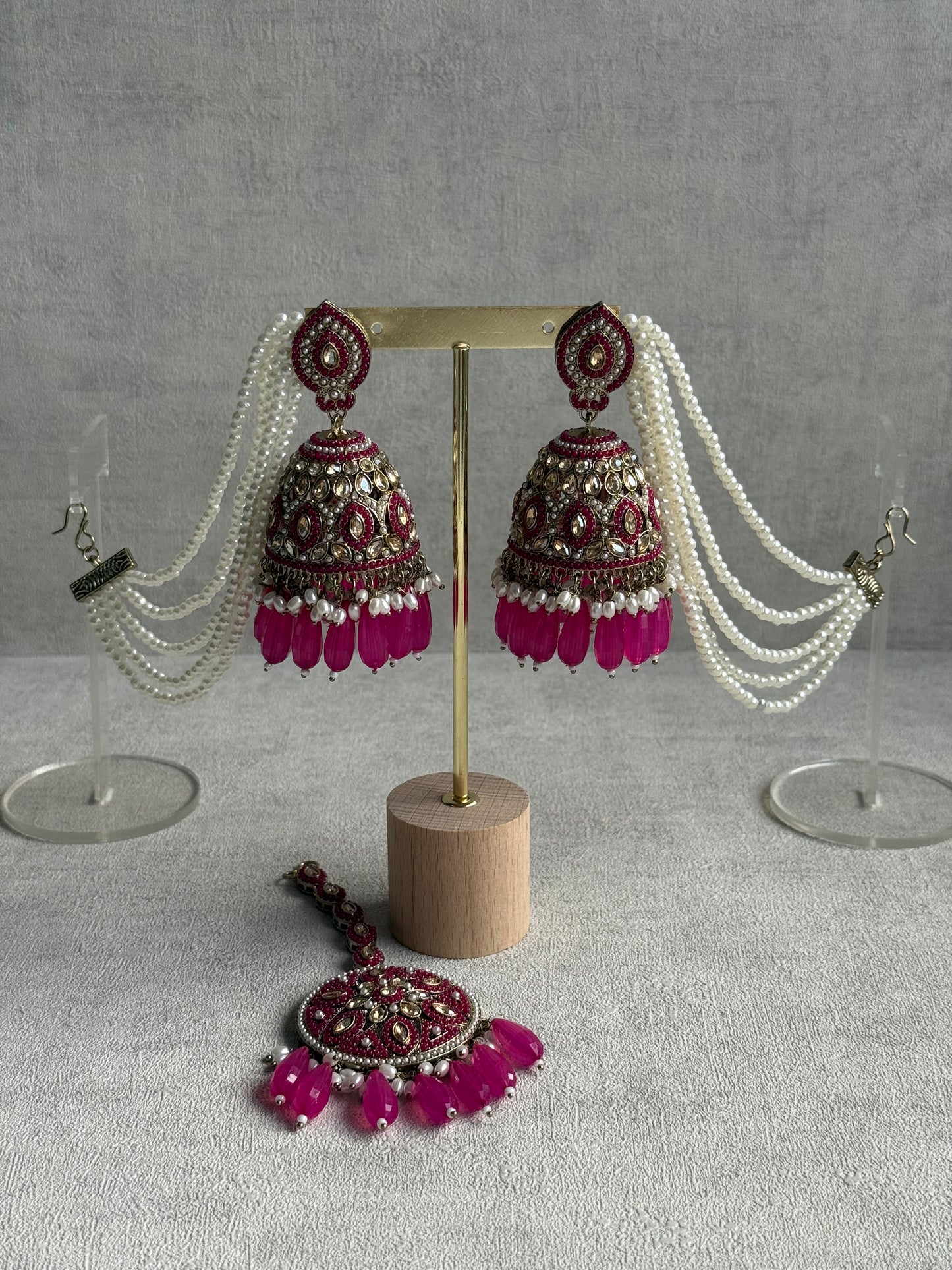 Ayura Designs Amrita Set – Jhumkis with Sahare & Tikka in Hot Pink Beads, Pearls and Antique Gold Finish