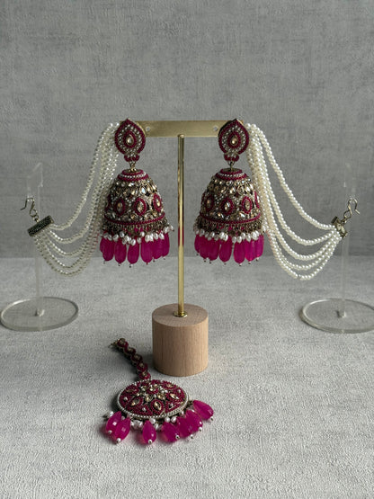 Ayura Designs Amrita Set – Jhumkis with Sahare & Tikka in Hot Pink Beads, Pearls and Antique Gold Finish