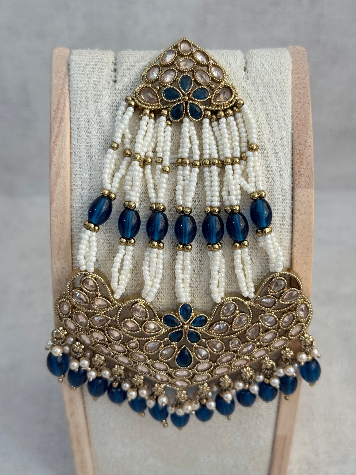 Ayura Designs Raya Jhoomar Passa – Ink Blue Beads with Kundan Detailing & Antique Gold Finish