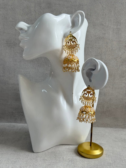 Ayura Designs Pannu Jhumkis – Pippal Patti Gold Jhumkis with Pearl Detailing