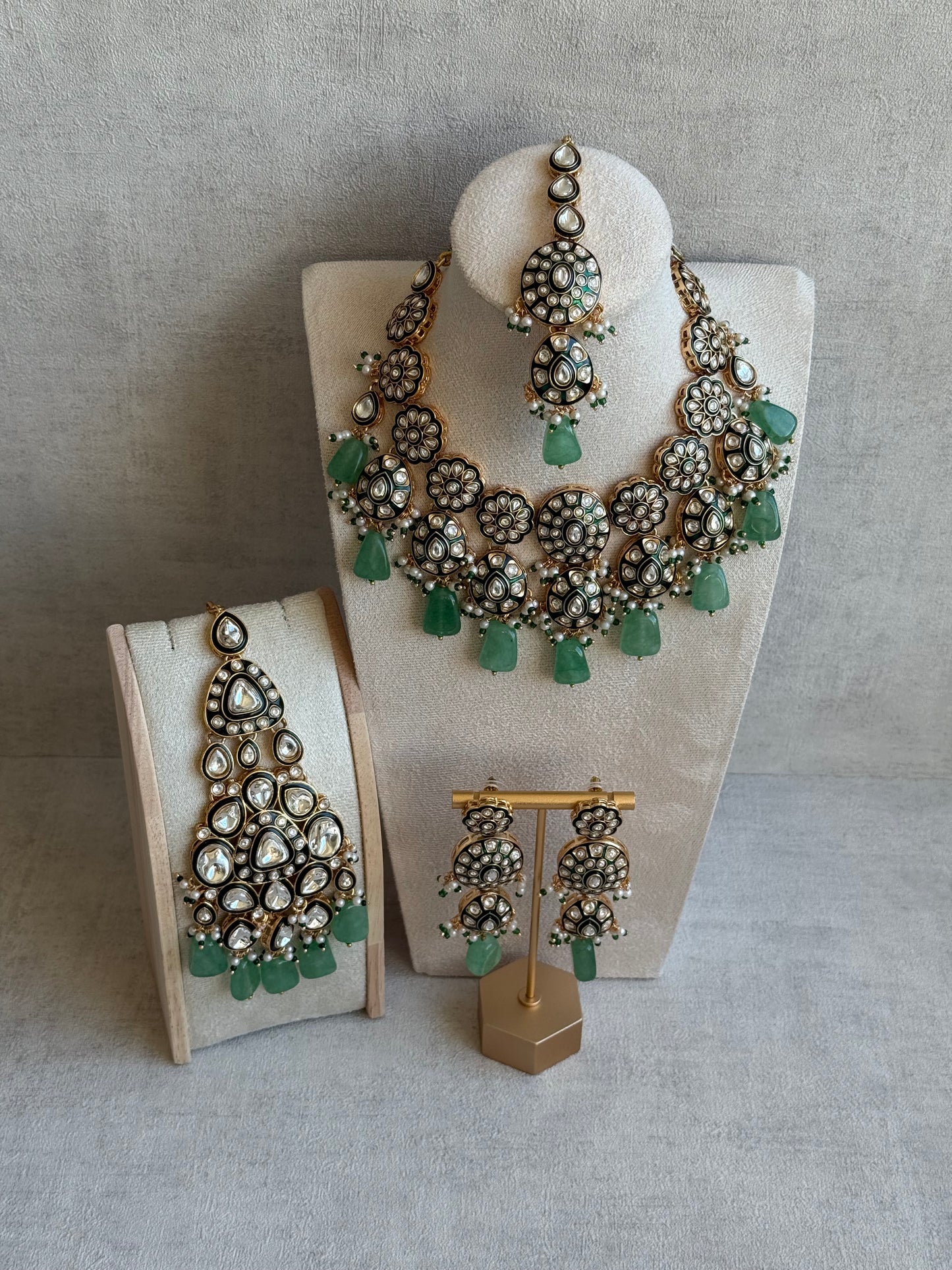 Ayura Designs Sumaira Set with Passa – Necklace, Earrings, Tikka & Passa with Kundan, Green Meenakari Detailing & Jade Green Drops