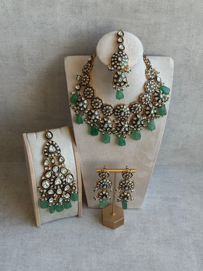 Ayura Designs Sumaira Set with Passa – Necklace, Earrings, Tikka & Passa with Kundan, Green Meenakari Detailing & Jade Green Drops