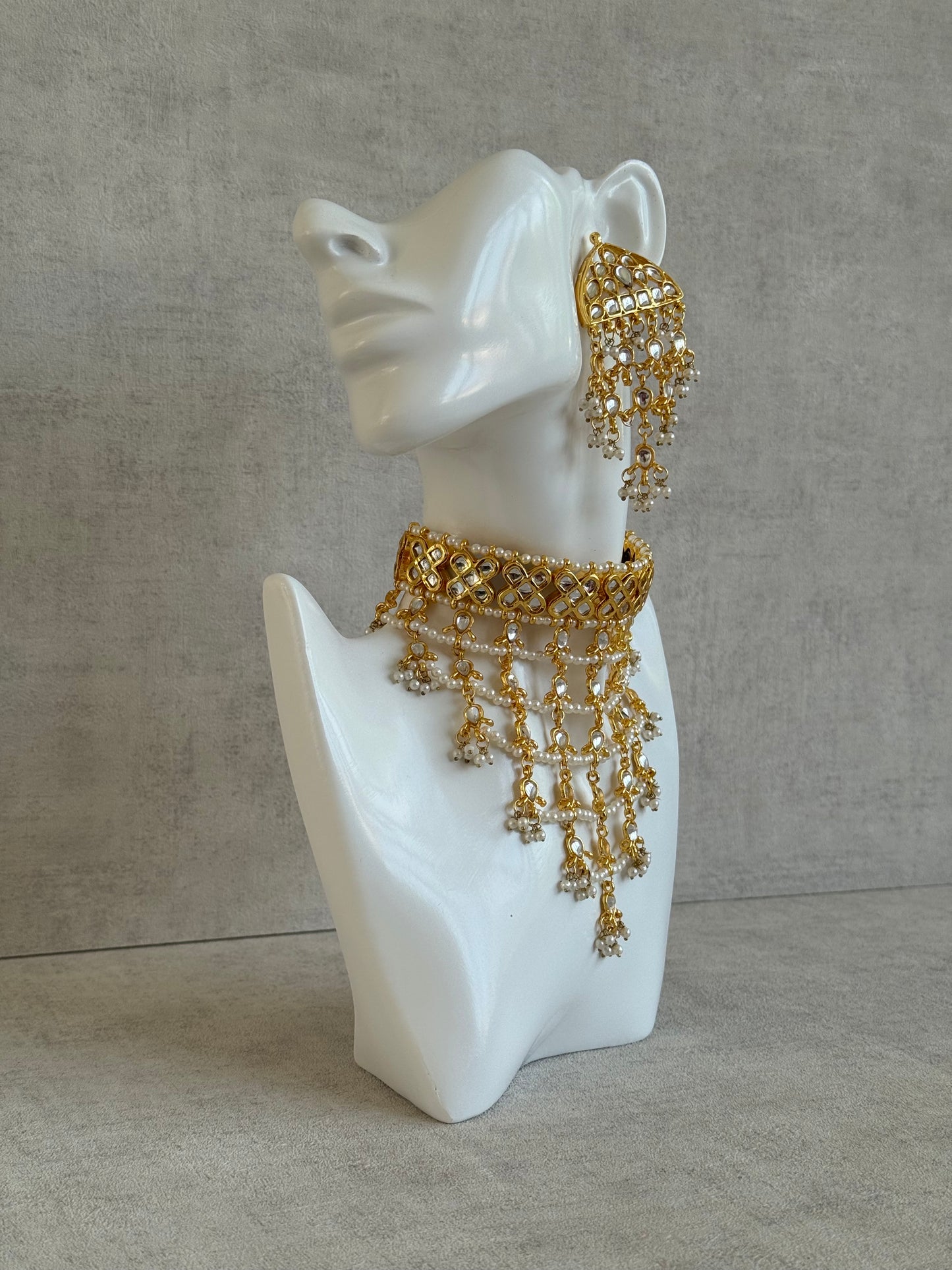 Ayura Designs Basant Set with Choker, Earrings & Tikka – Mirror-Cut Stones, Pearl Fringe & Antique Gold Finish