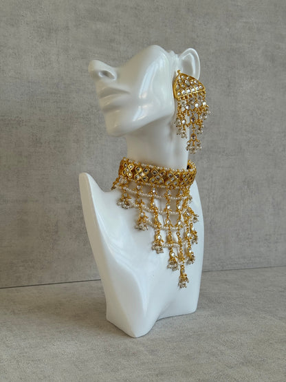 Ayura Designs Basant Set with Choker, Earrings & Tikka – Mirror-Cut Stones, Pearl Fringe & Antique Gold Finish