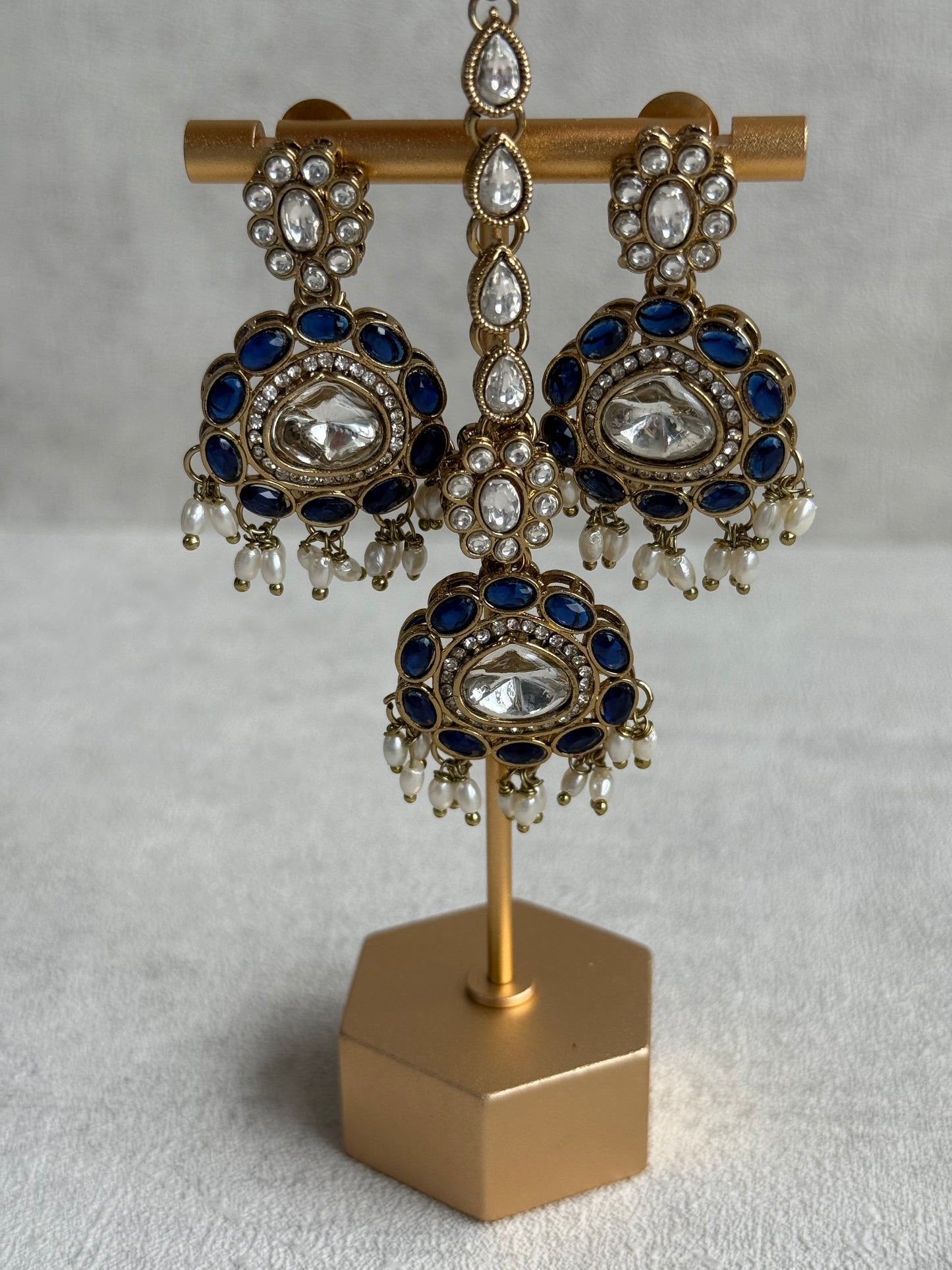 Ayura Designs Warda Set with Earrings & Tikka – Ink Blue Ovals, Mirror-Cut Stones & Ivory Pearls