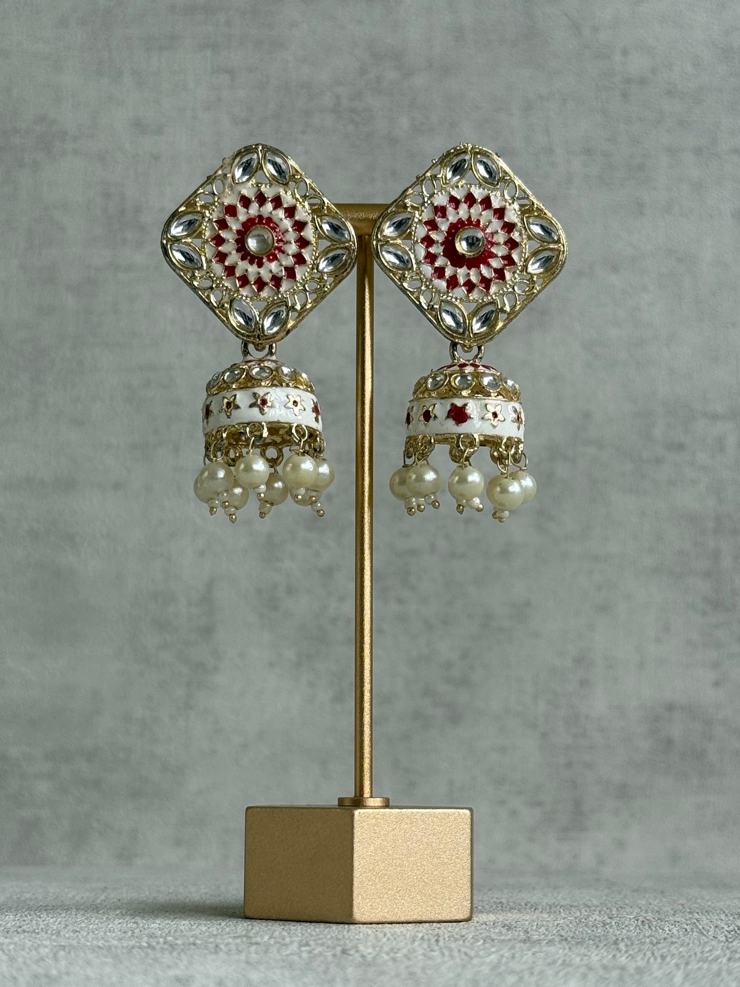 Ayura Designs Rangoli Jhumkis – Ivory & Ruby Red Meenakari with Pearl Drops in Antique Gold Finish