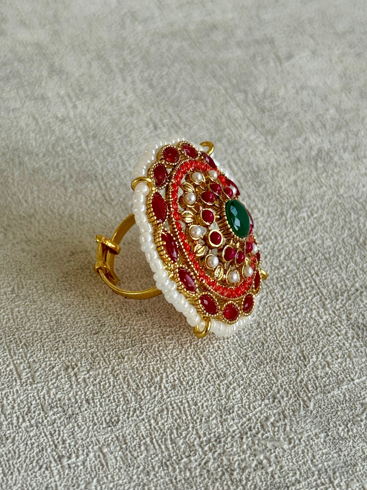 Ayura Designs Lubna Choker Set with Jhumkis & Ring – Ruby Red, Emerald Green & Pearl Detailing in Antique Gold Finish