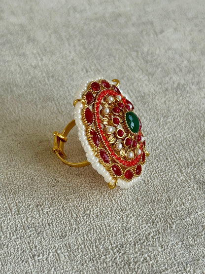 Ayura Designs Lubna Choker Set with Jhumkis & Ring – Ruby Red, Emerald Green & Pearl Detailing in Antique Gold Finish