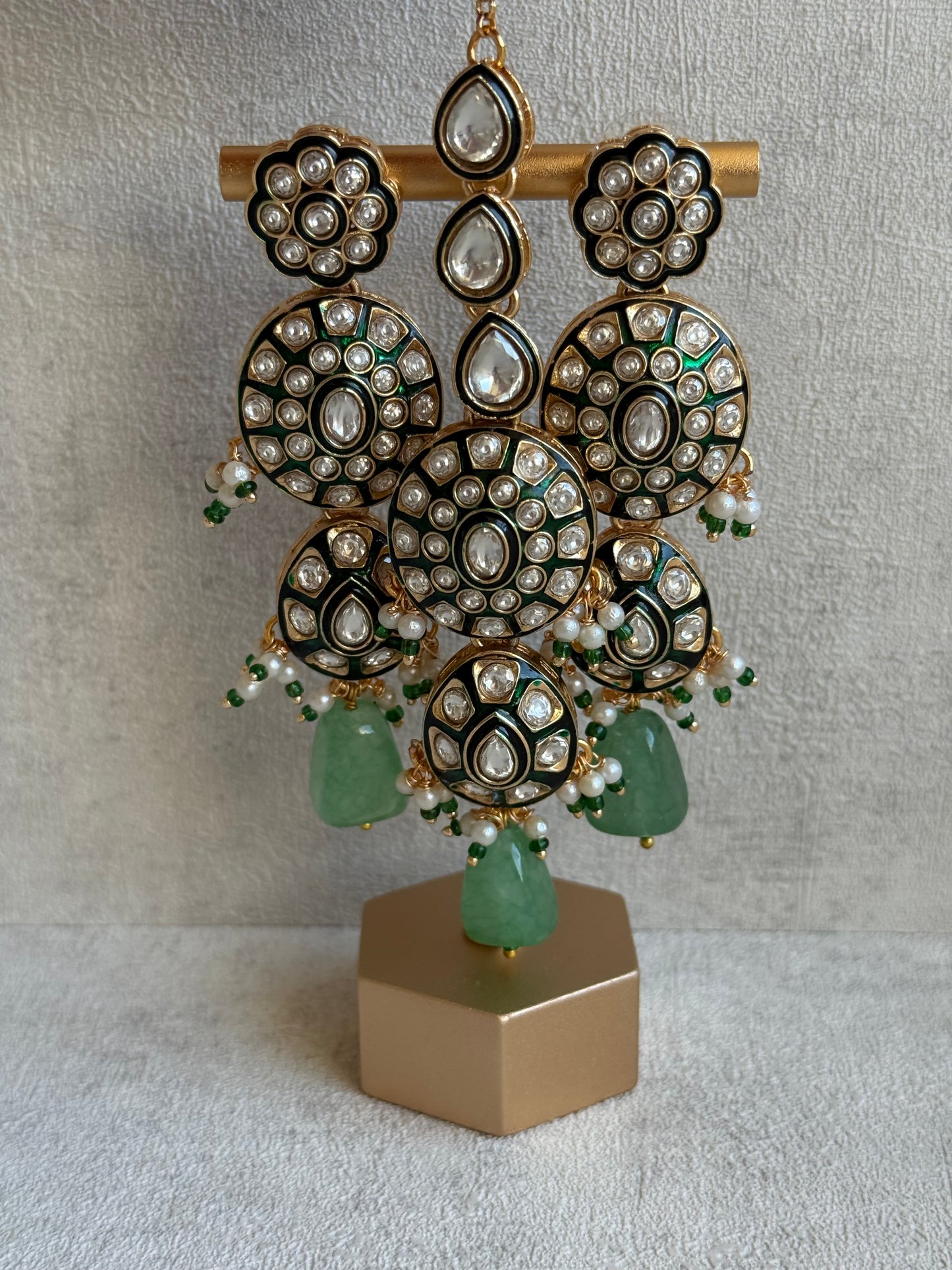 Ayura Designs Sumaira Set with Passa – Necklace, Earrings, Tikka & Passa with Kundan, Green Meenakari Detailing & Jade Green Drops