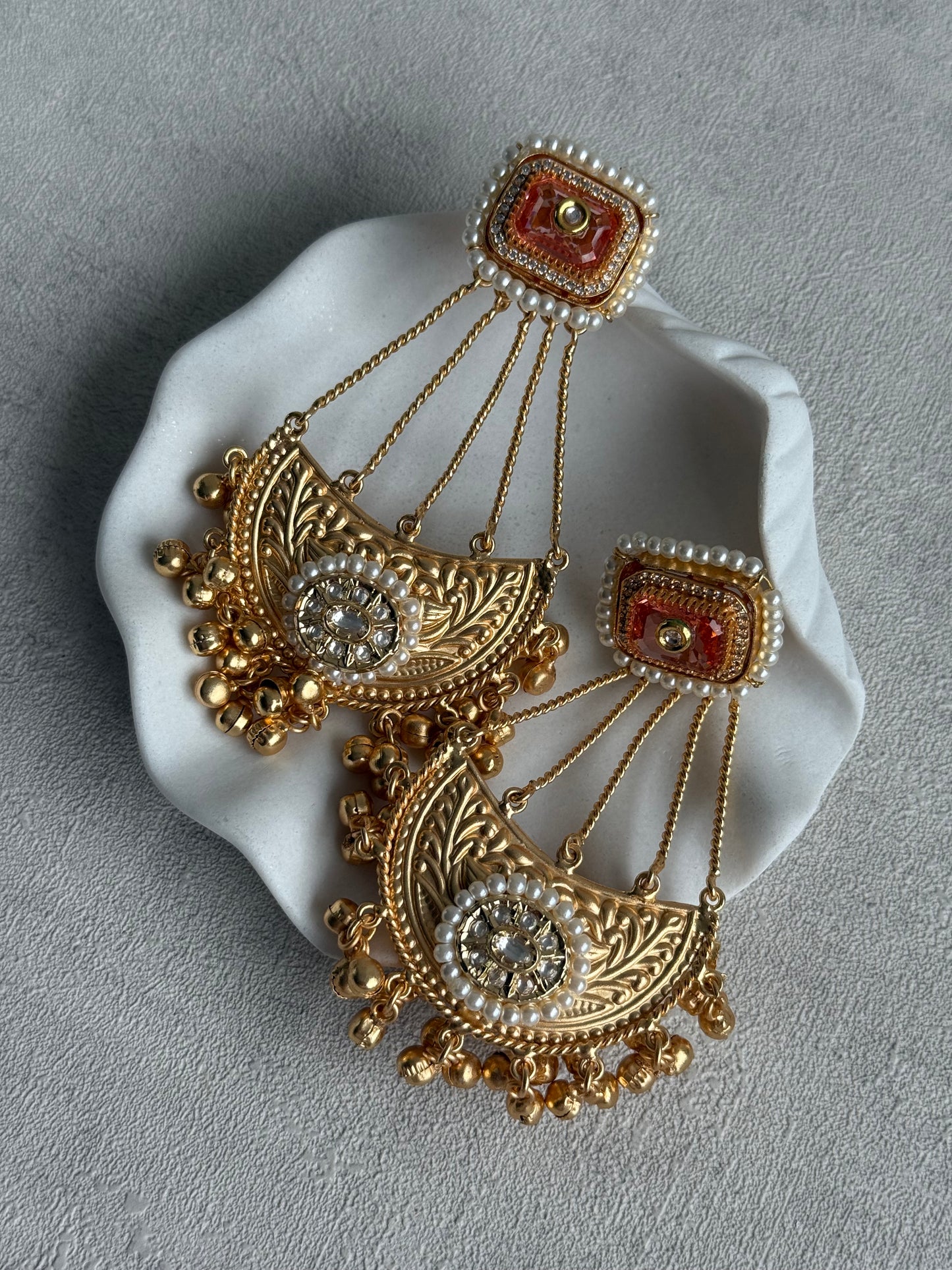 Ayura Designs Jheel Earrings – Amber Half-Moon Drops with Pearl Edging & Golden Ghungroos