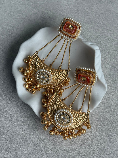 Ayura Designs Jheel Earrings – Amber Half-Moon Drops with Pearl Edging & Golden Ghungroos