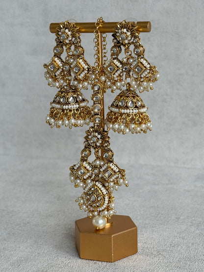 Ayura Designs Ania Tikka Set with Jhumkis – Pearl, Kundan & Gold Detailing