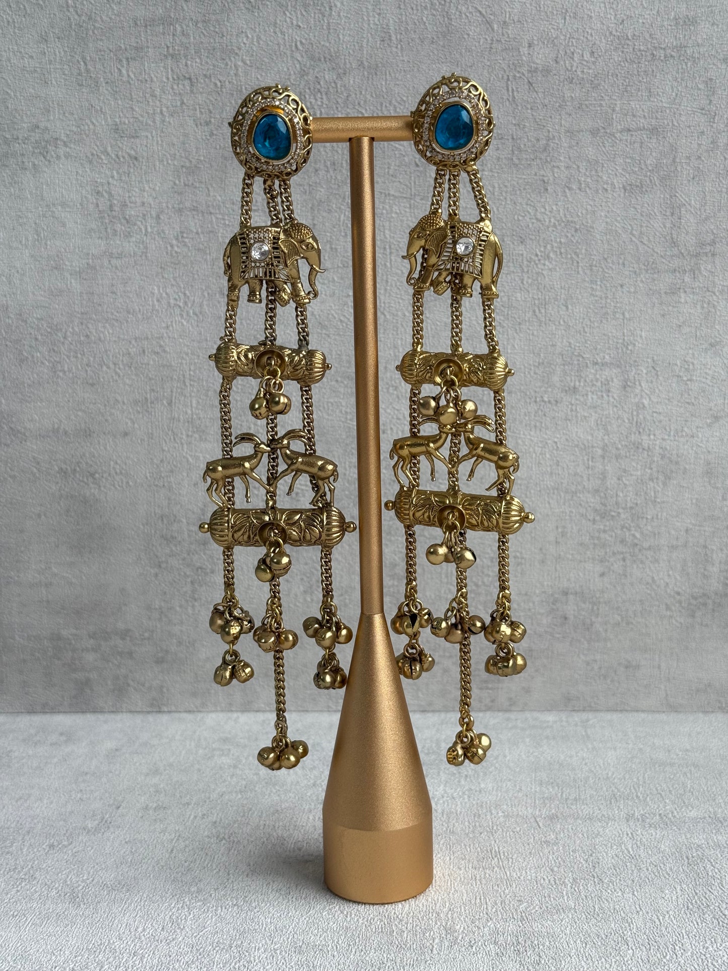 Ayura Designs Sonal Earrings – Antique Gold Dangler Earrings with Elephant & Deer Motifs, Blue Stone Tops & Ghungroo Detailing