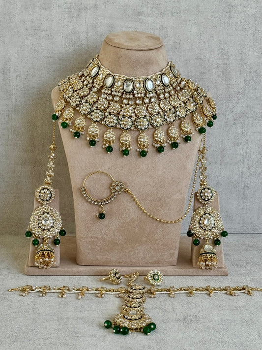 Ayura Designs Shehzadi Bridal Set with Necklace, Jhumkis, Tikka, Nath, Ring & Sheeshphool – Jadau Kundan Craftsmanship with Mirror-Cut Polki, Emerald Green Stones & Antique Gold Finish