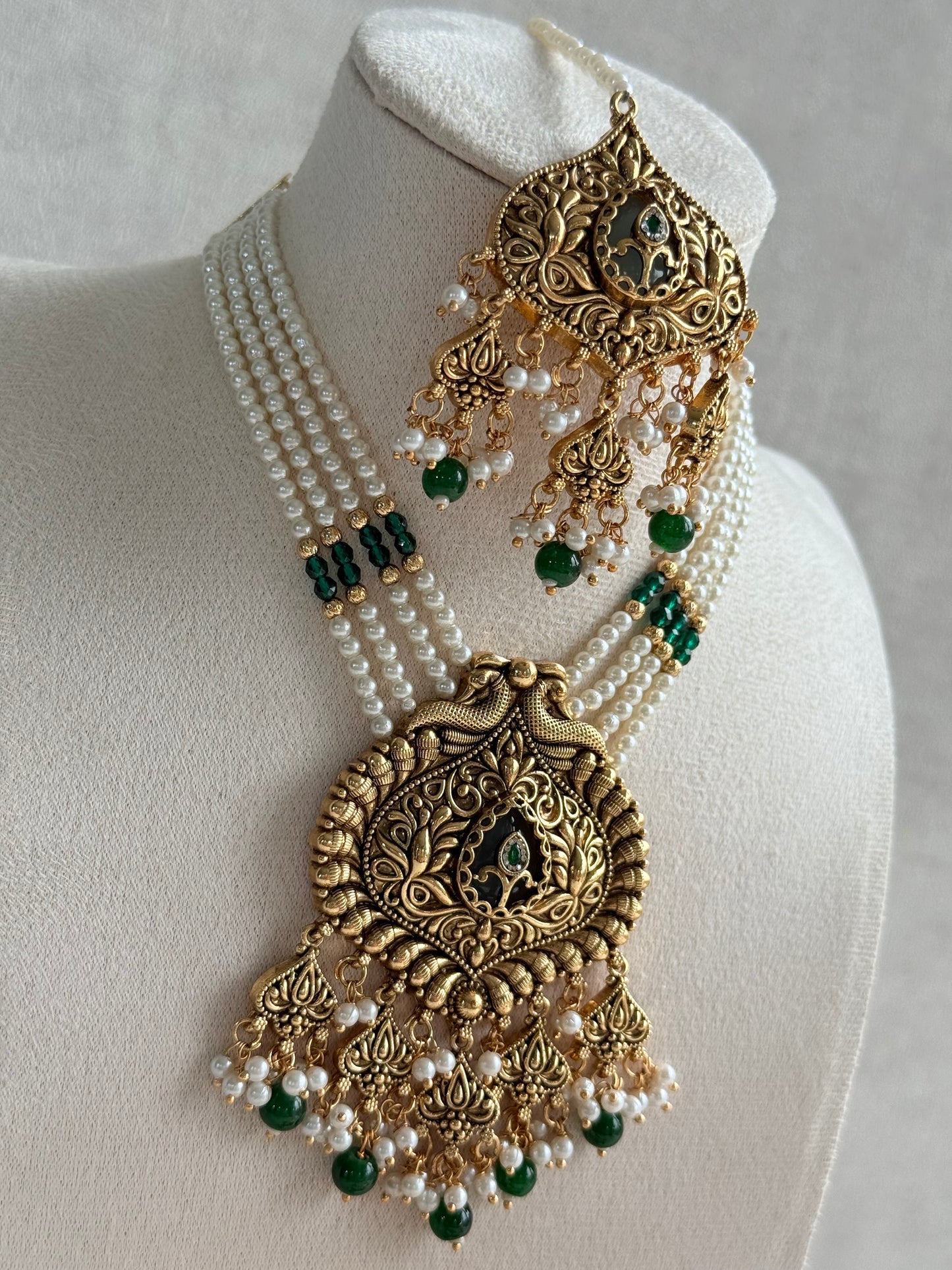 Ayura Designs Afia Necklace Set with Earrings & Tikka – Antique Gold, Emerald Green Beads, Green Centre Stone & Peacock Motifs