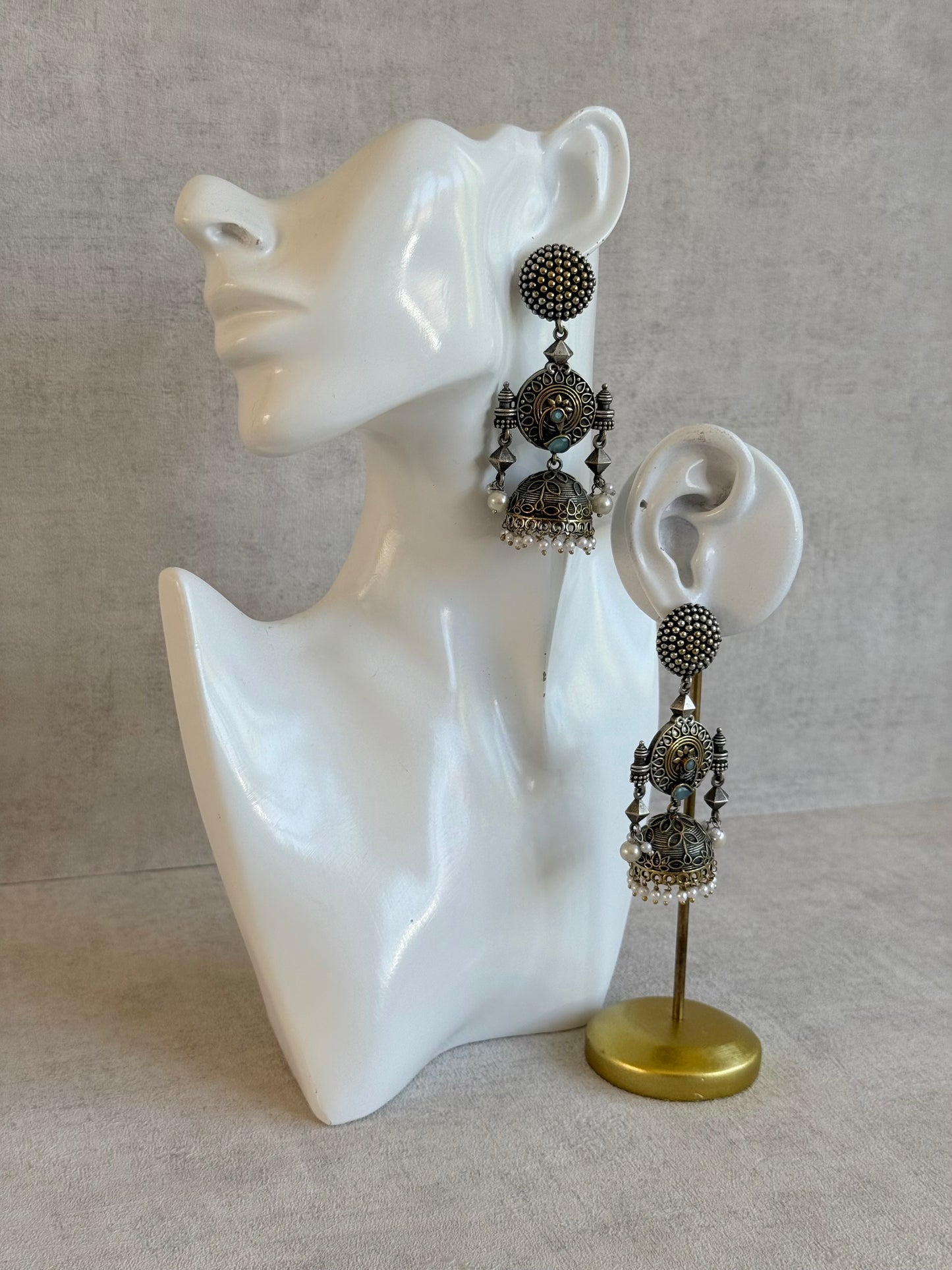 Ayura Designs Elaf Jhumki Earrings – Oxidised Silver Jhumkis with Peacock Motifs, Turquoise Stones & Pearl Drops