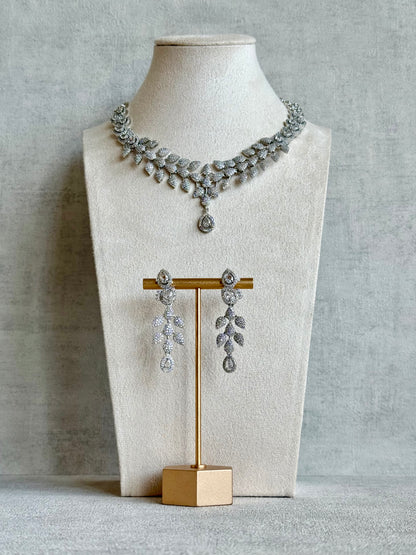 Ayura Designs Vivienne Set with Necklace & Earrings – Silver Finish with Teardrop Crystals and Clustered Leaf Detailing
