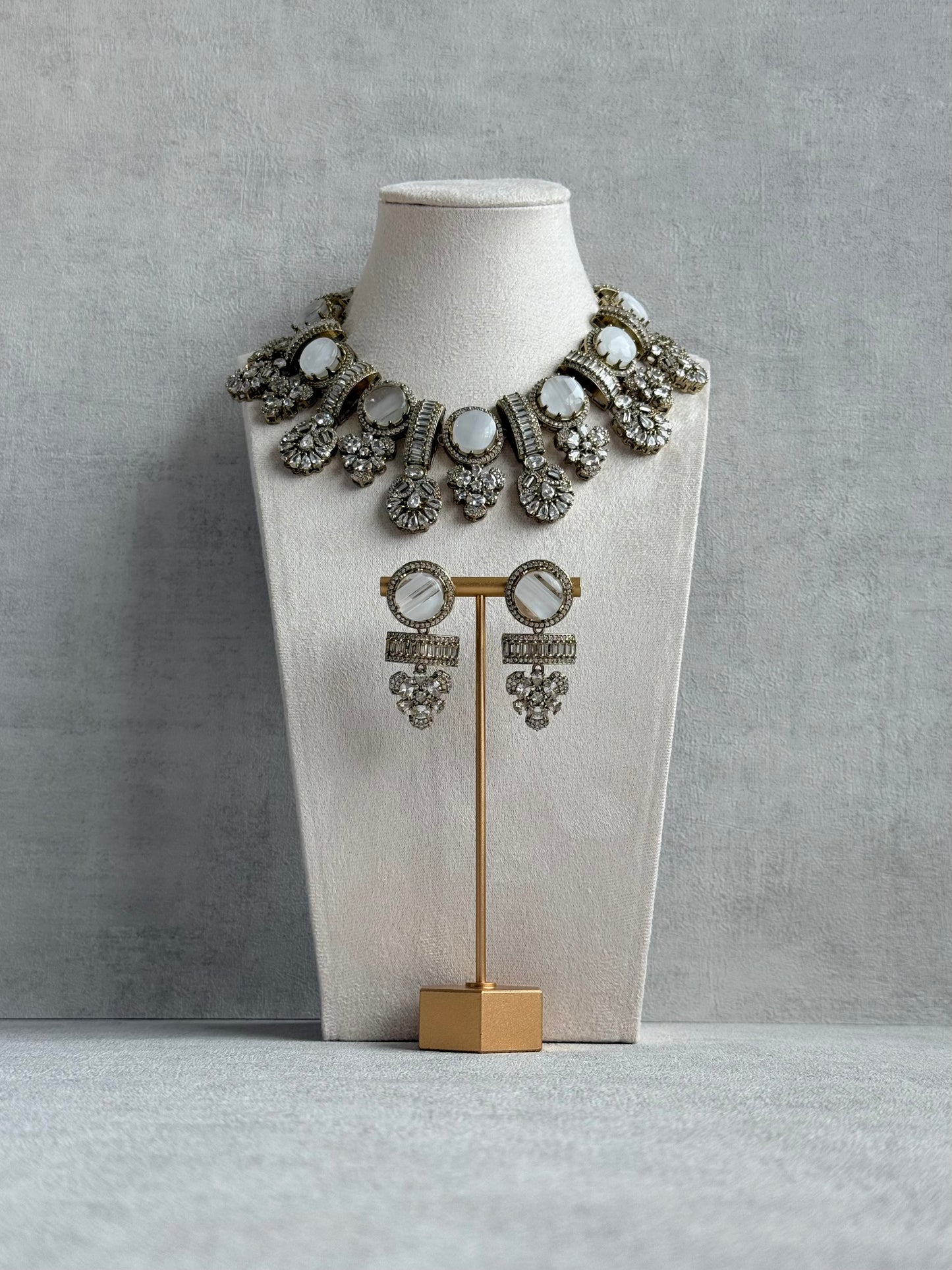 Ayura Designs Aabira Necklace Set with Earrings – White Marble Stones with Moissanite Style Detailing