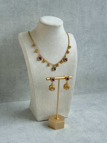 Ayura Designs Smita Set with Necklace & Earrings – Ruby Pink & Emerald Green Stones with Gold-Tone Ghungroo Detailing