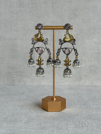 Ayura Designs Mehrza Earrings – Oxidised Peacock Motif Statement Earrings with Pearl Jhumkis & Blush Pink Stones