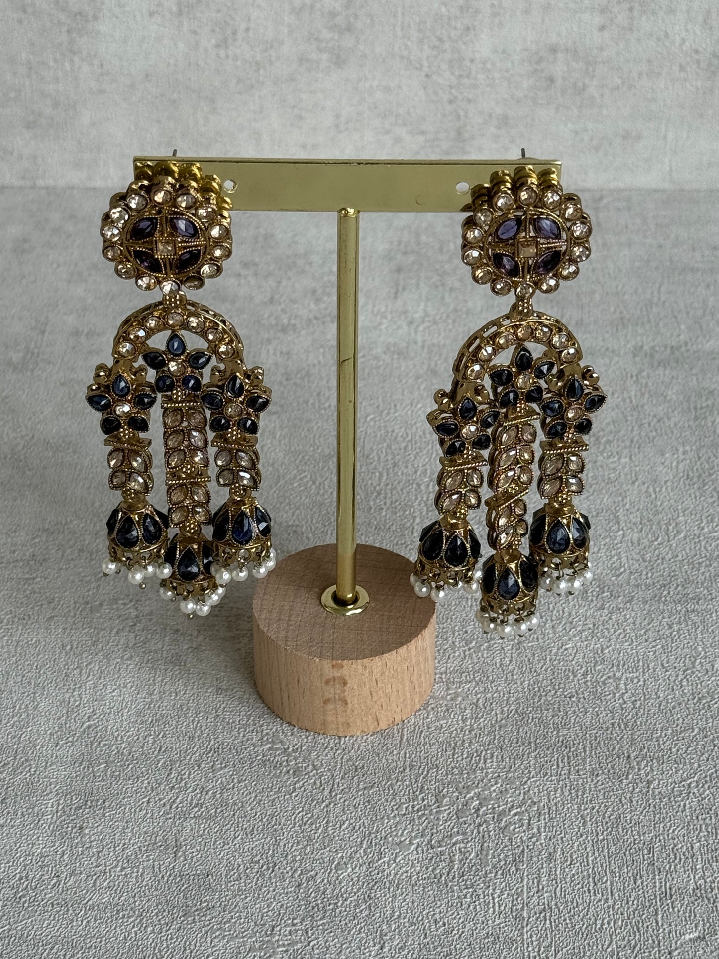 Ayura Designs Soraya Earrings – Ink Blue Stones, Champagne Crystals, Pearl Detailing & Gold Finish