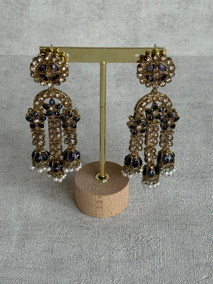 Ayura Designs Soraya Earrings – Ink Blue Stones, Champagne Crystals, Pearl Detailing & Gold Finish