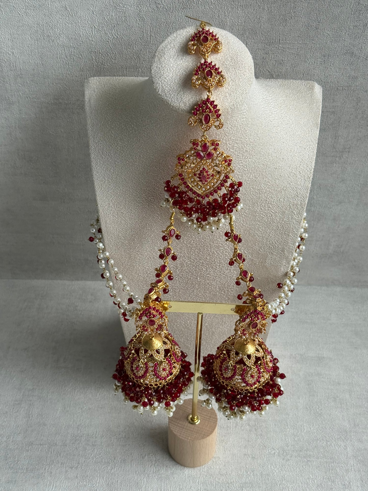 Ayura Designs Safia Tikka Set with Sahare Earrings – Ruby Red Beads & Pearls