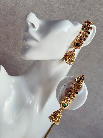 Ayura Designs Keerti Jhumkis – Antique Gold Kannauti Earrings with Emerald Green Stones, Mirror-Cut Detailing & Pearl Drops