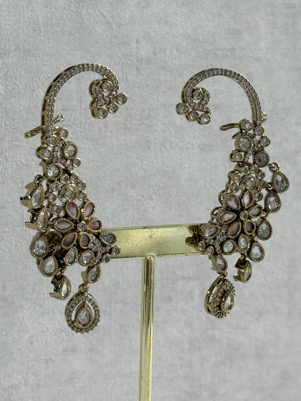 Ayura Designs Aksara Kaanphool Earrings – Blush Pink Stones, Kundan, Crystals & Antique Gold Finish