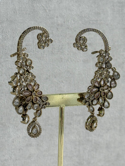 Ayura Designs Aksara Kaanphool Earrings – Blush Pink Stones, Kundan, Crystals & Antique Gold Finish
