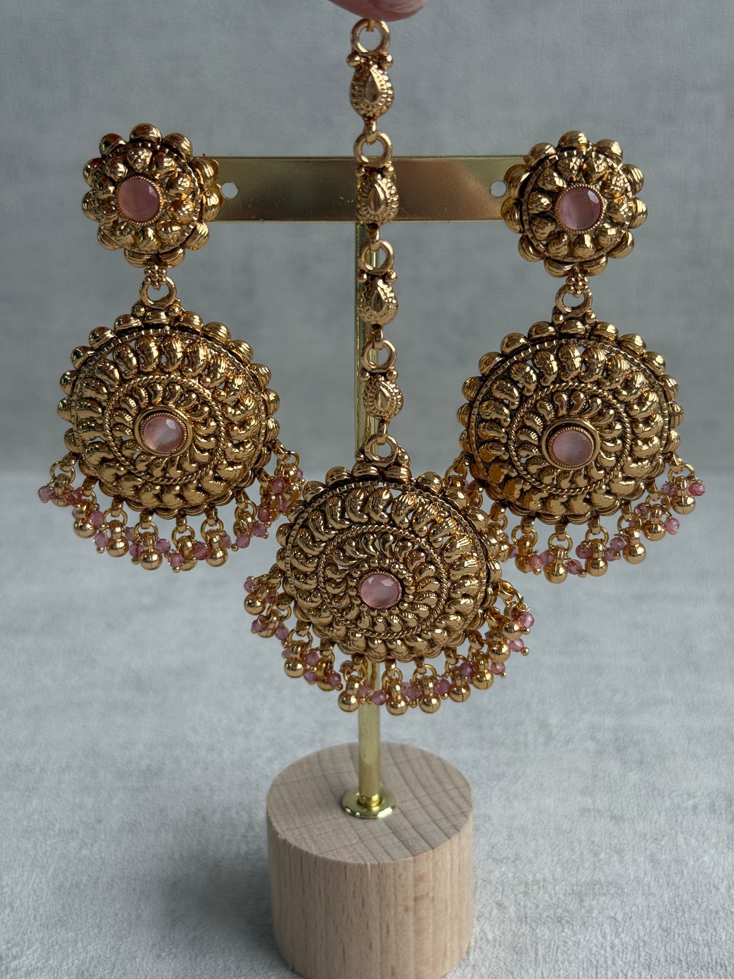 Ayura Designs Rummy Set – Statement Necklace, Earrings & Tikka with Blush Pink Beads and Polished Gold Finish