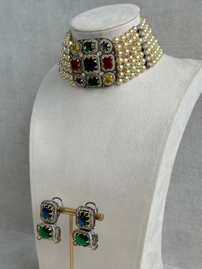 Ayura Designs Amelia Choker Set with Earrings – Moissanite Stonework with Layered Pearls in Antique Silver Finish (Deep Jewel Tones)