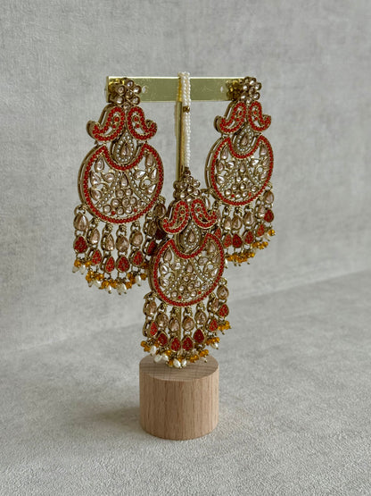 Ayura Designs Anvi Tikka Set with Earrings – Orange with Champagne Stones & Pearl Drops