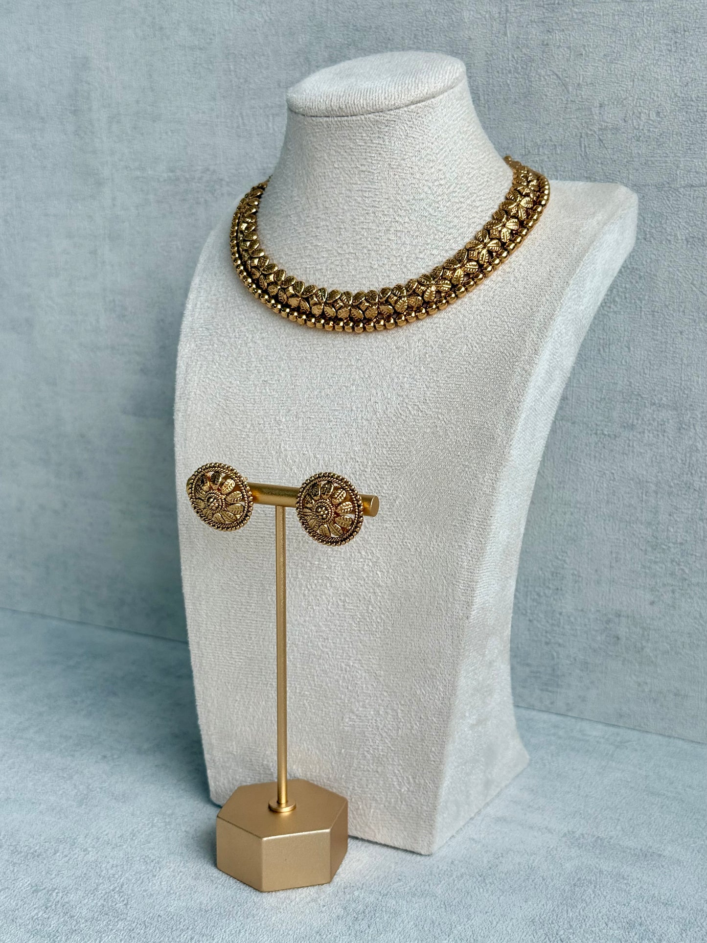 Ayura Designs Sathya Necklace Set with Stud Earrings – Antique Gold Temple Style with Textured Beadwork