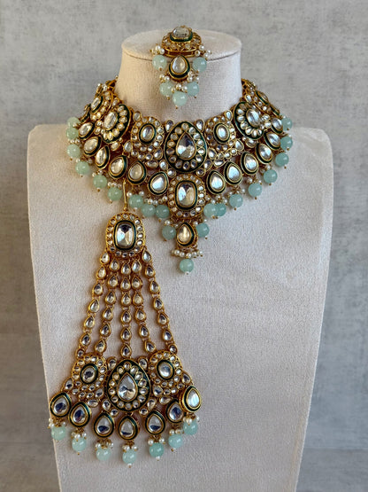 Ayura Designs Jashan Set with Necklace, Earrings, Tikka & Passa – Kundan Detailing, Pearl Drops & Soft Mint Green Beads