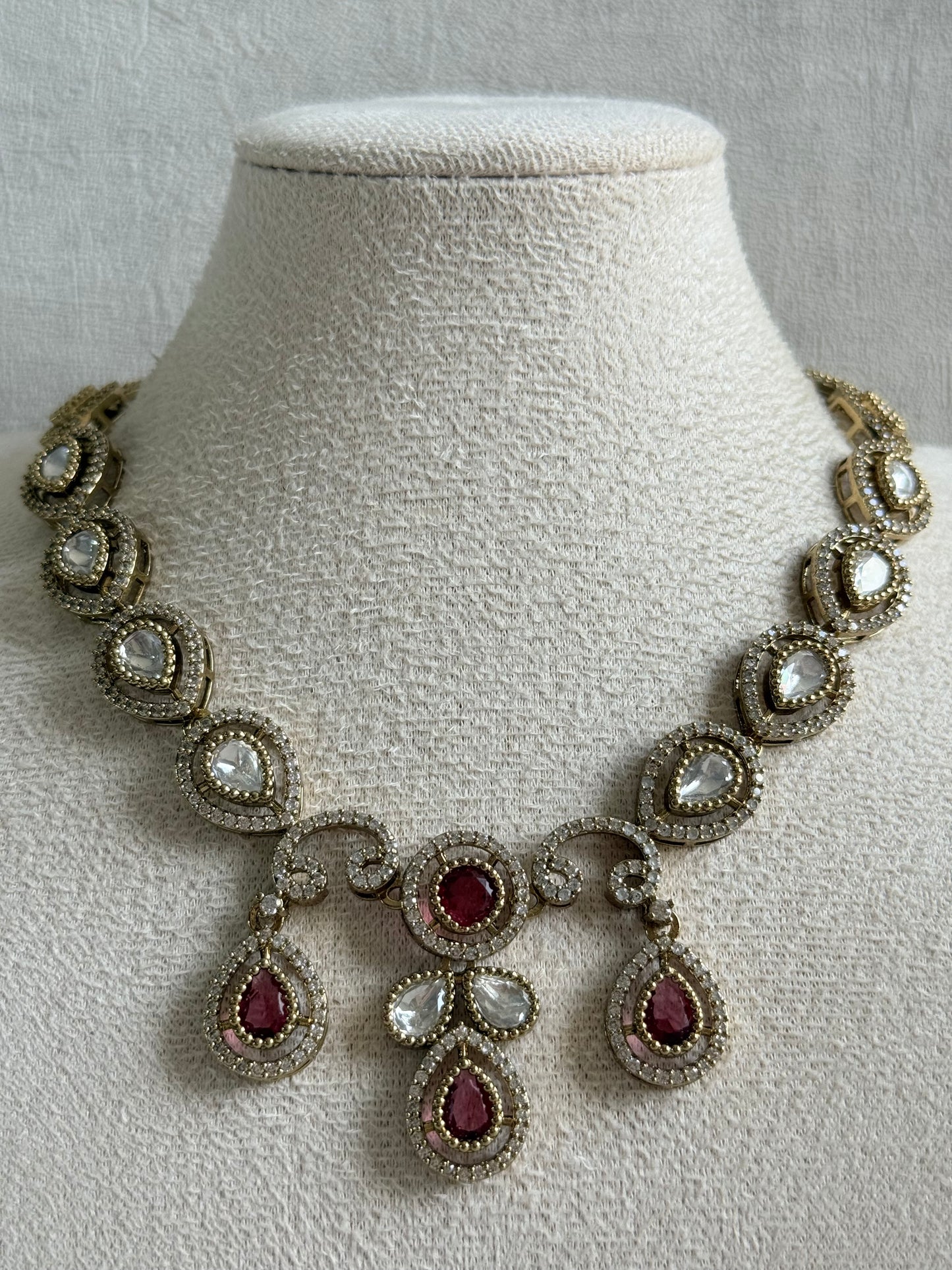 Ayura Designs Bianca Necklace Set with Earrings – Kundan, Ruby Pink Stones, Crystals & Gold Finish