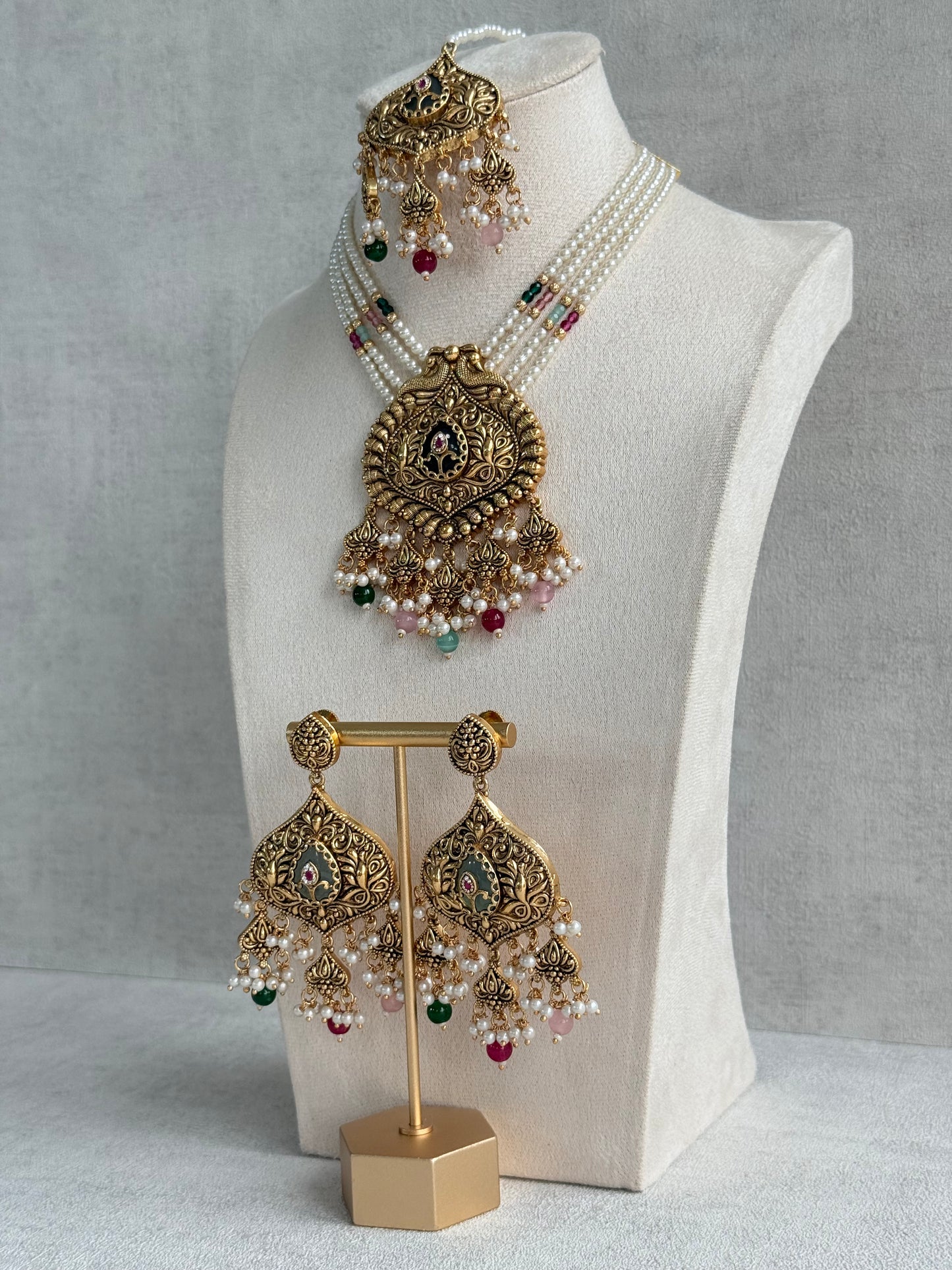 Ayura Designs Afia Necklace Set with Earrings & Tikka – Antique Gold, Multicolour Beads, Green Centre Stone & Peacock Motifs