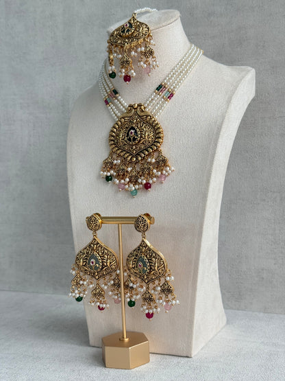 Ayura Designs Afia Necklace Set with Earrings & Tikka – Antique Gold, Multicolour Beads, Green Centre Stone & Peacock Motifs