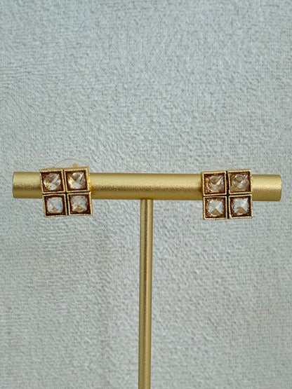 Ayura Designs Bhawani Set with Necklace & Stud Earrings – Square-Cut Kundan Stones in Antique Gold Finish