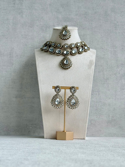 Ayura Designs Tamara Set with Necklace, Earrings & Tikka – All Mirror-Cut Stones with Kundan Detailing in Antique Gold Finish