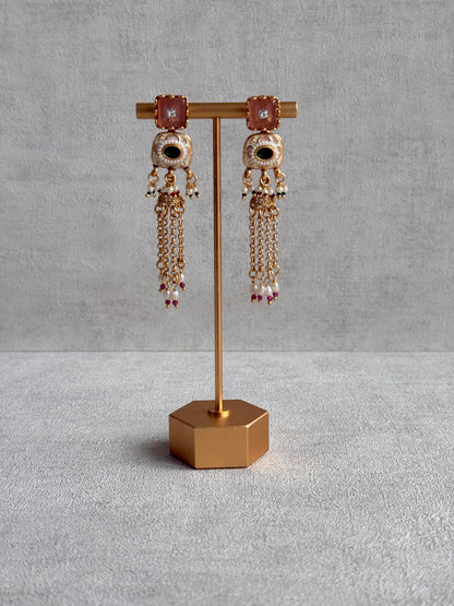 Ayura Designs Thansi Necklace Set with Earrings – Pink & Green Stones, Enamel Detailing, Chains with Pearl Drops & Gold Finish