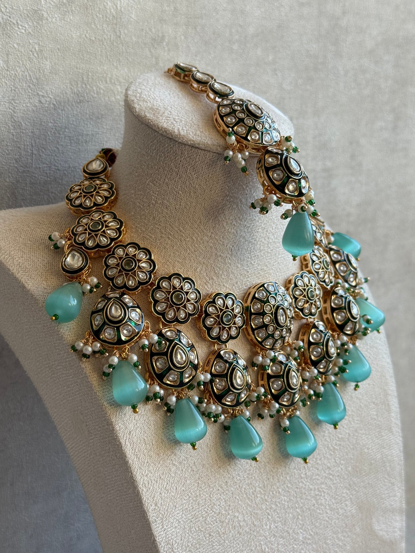 Ayura Designs Sumaira Set – Necklace, Earrings & Tikka with Kundan, Green Meenakari Detailing & Aqua Drops