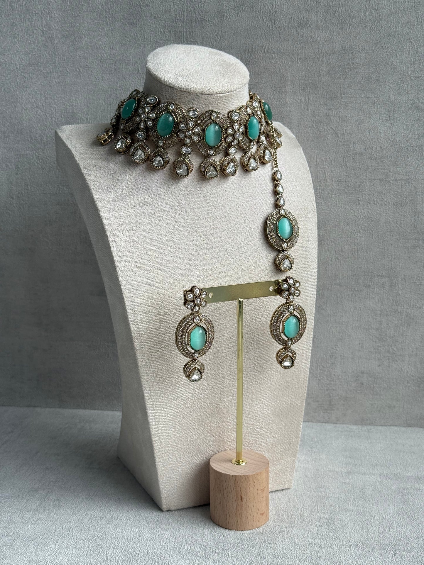 Ayura Designs Emanya Choker Set – Choker, Earrings & Tikka with Mirror-Cut Stones, Aqua & Antique Gold Detailing