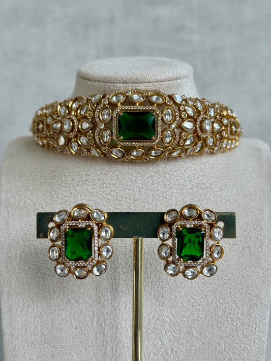 Ayura Designs Akasha Choker Set with Stud Earrings – Emerald Green Moissanite Stones & Antique Gold Finish