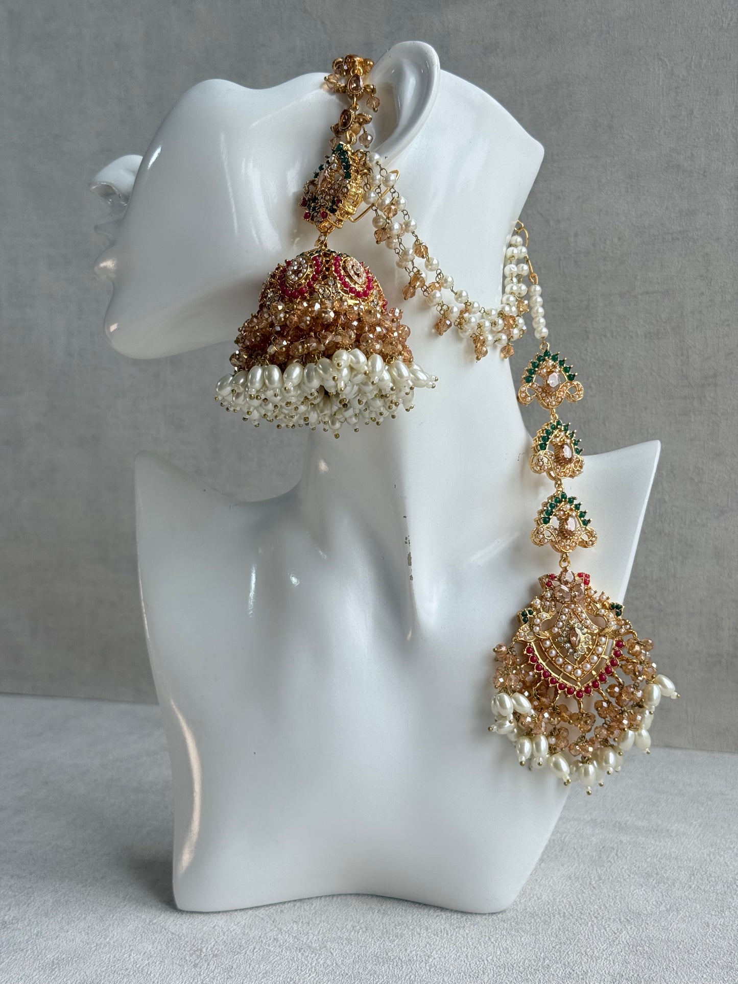 Ayura Designs Safia Tikka Set with Sahare Earrings – Champagne Crystals with Ruby & Emerald