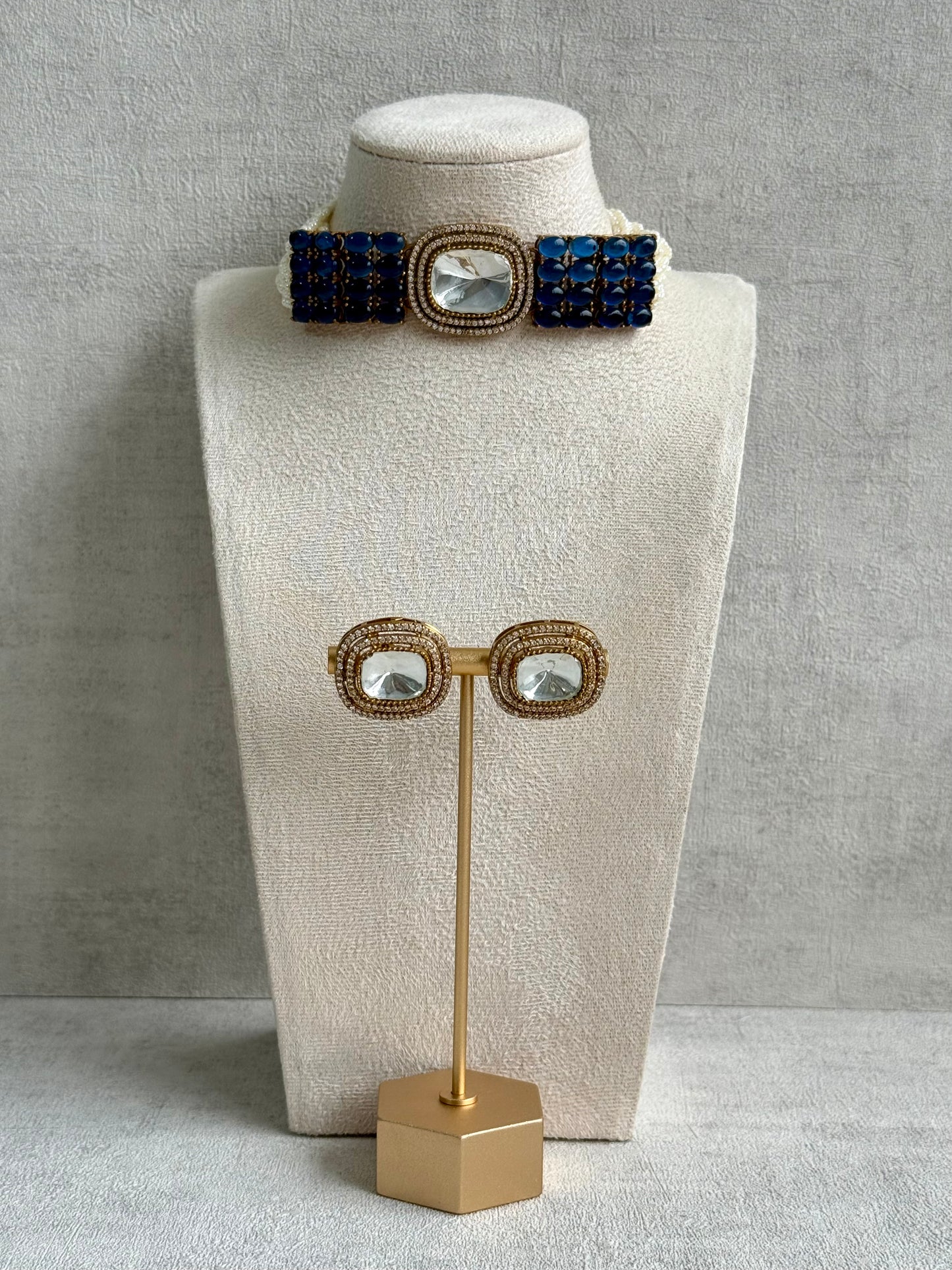 Ayura Designs Emma Choker Set – Sapphire Blue Gemstone Choker & Studs with Mirror-Cut Centrepiece, Pearl Strands & Crystal Borders
